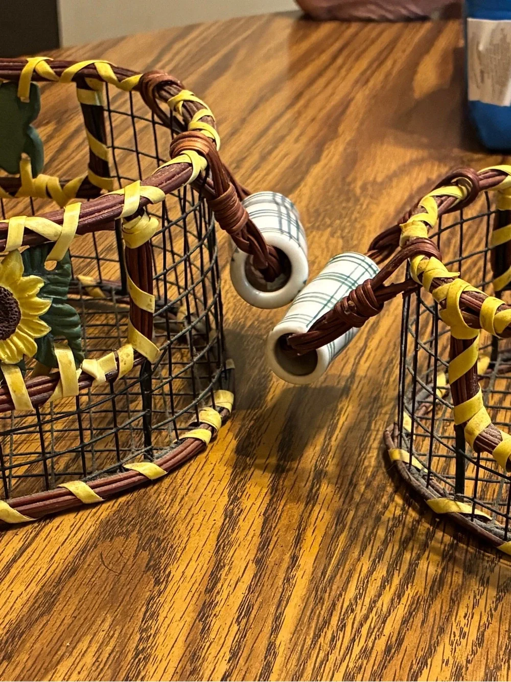 2 Sunflower Woven Decorative Baskets - Yellow & Brown